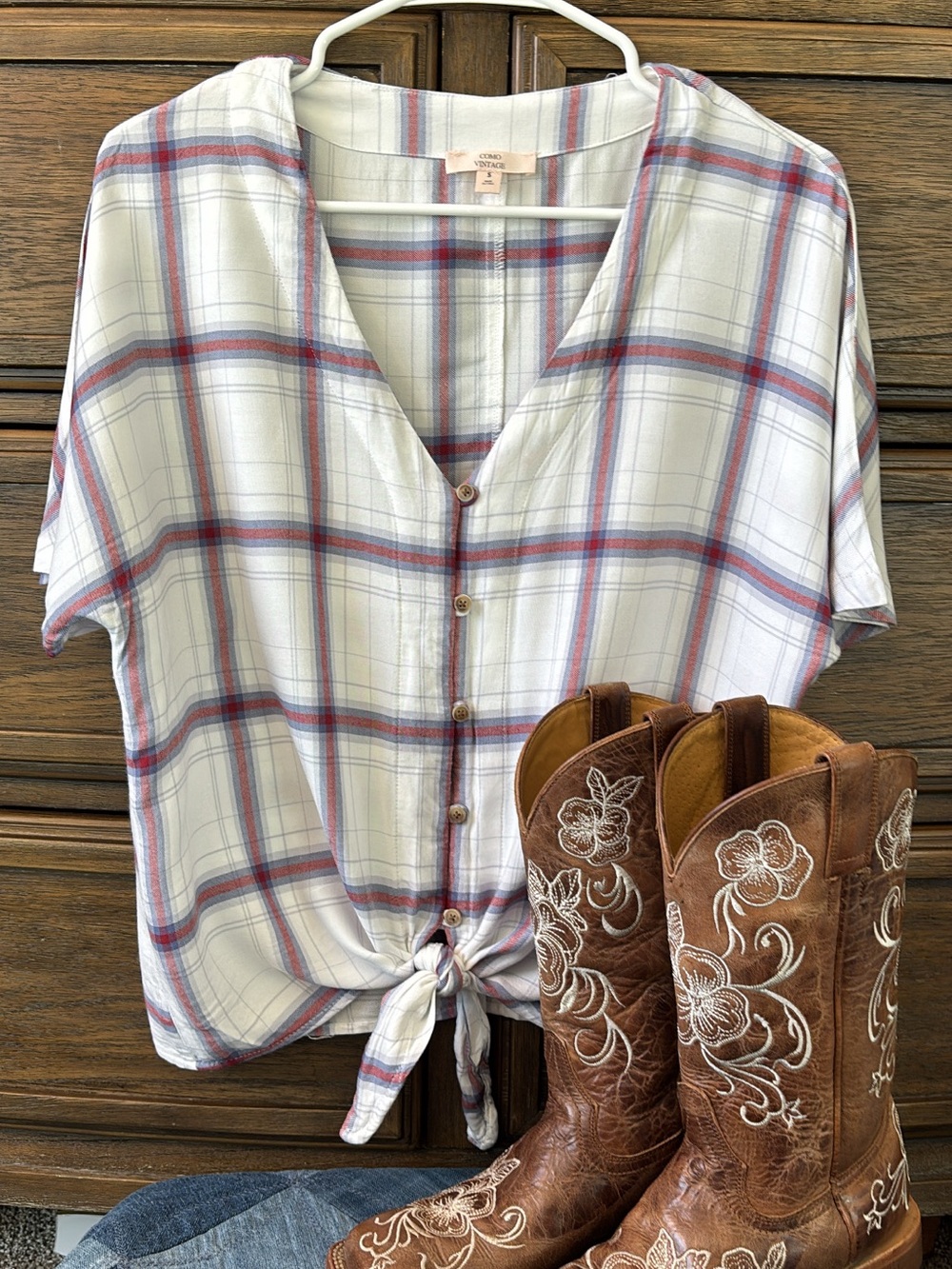 Como Vintage Plaid Shirt in White, Blue & Red